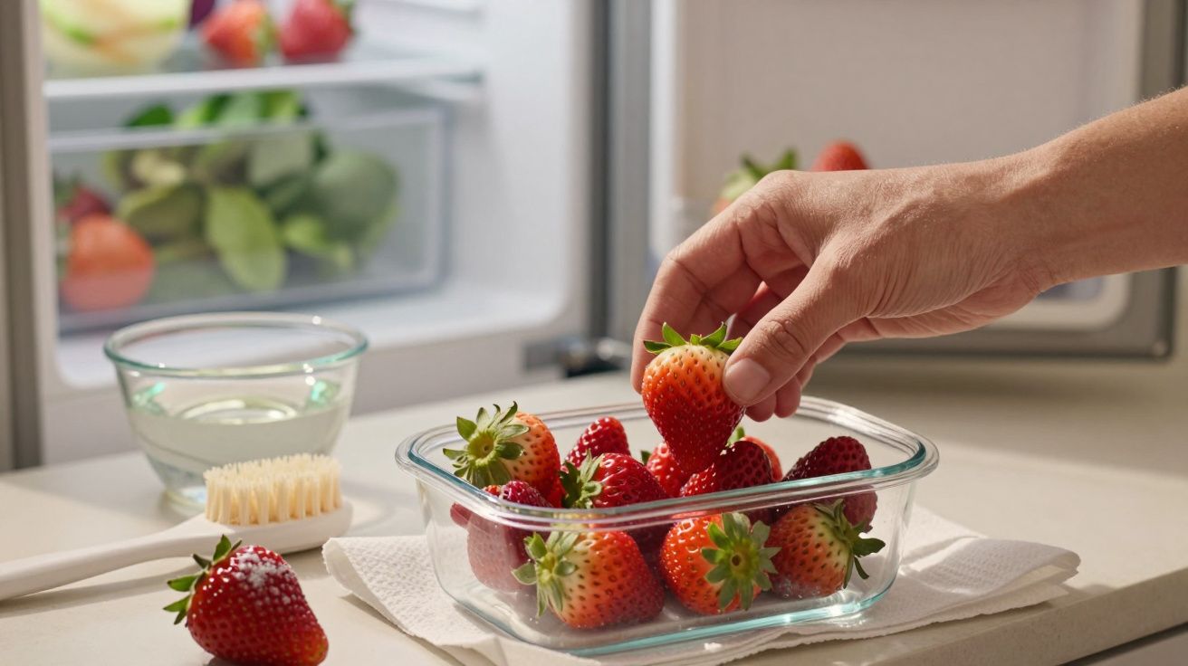 Hand placing fresh strawberries into a glass container on a kitchen counter near an open fridge.