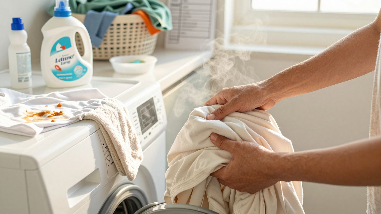 Person handling freshly laundered clothes from a washing machine, with detergent and laundry basket nearby.