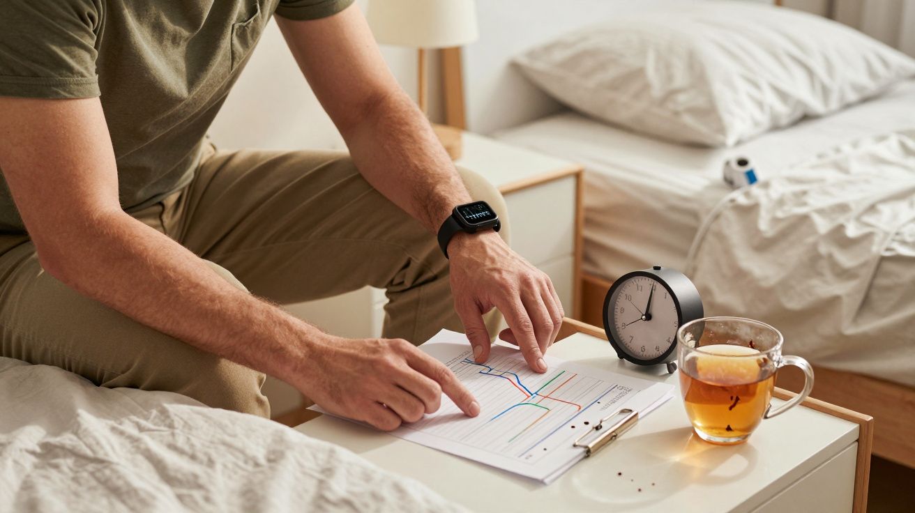 Man reviewing graph on bedside table with a clock and tea.