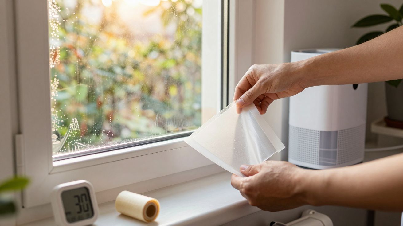 Person applying insulating film on a window, with a dehumidifier and thermometer nearby.