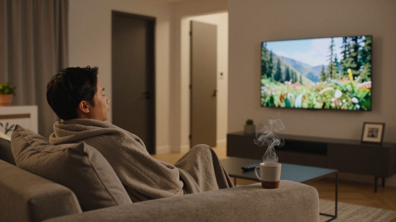 Man wrapped in blanket on sofa watching nature show on TV; steaming mug on table next to him.