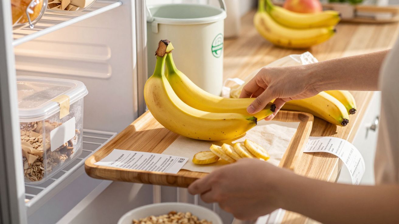 Person placing bananas on a wooden tray beside a fridge; oats and slices of banana are visible on the counter.