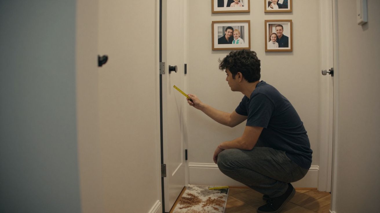 Man measuring height marks on door frame with a tape measure, family photos on the wall.