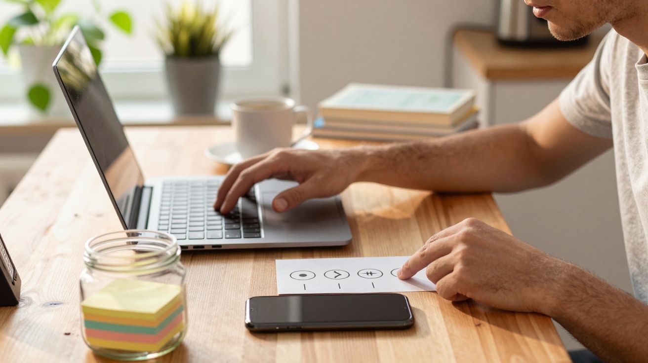 Man using a laptop at a wooden desk with a smartphone, paper with symbols, sticky notes, books, and a coffee cup.