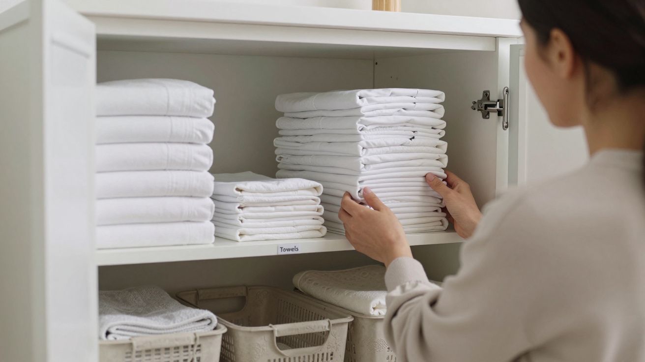 Person organising neatly folded white towels in a cupboard with storage baskets below.