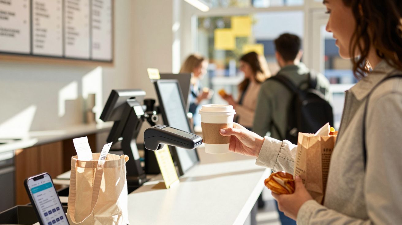 Person holding coffee cup and pastry at counter in busy café, with people in background and digital device on counter.