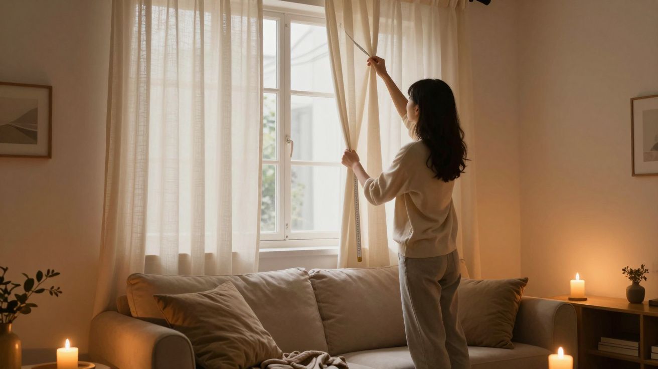 Woman adjusting curtains in a cosy candlelit living room with a sofa and framed artwork.