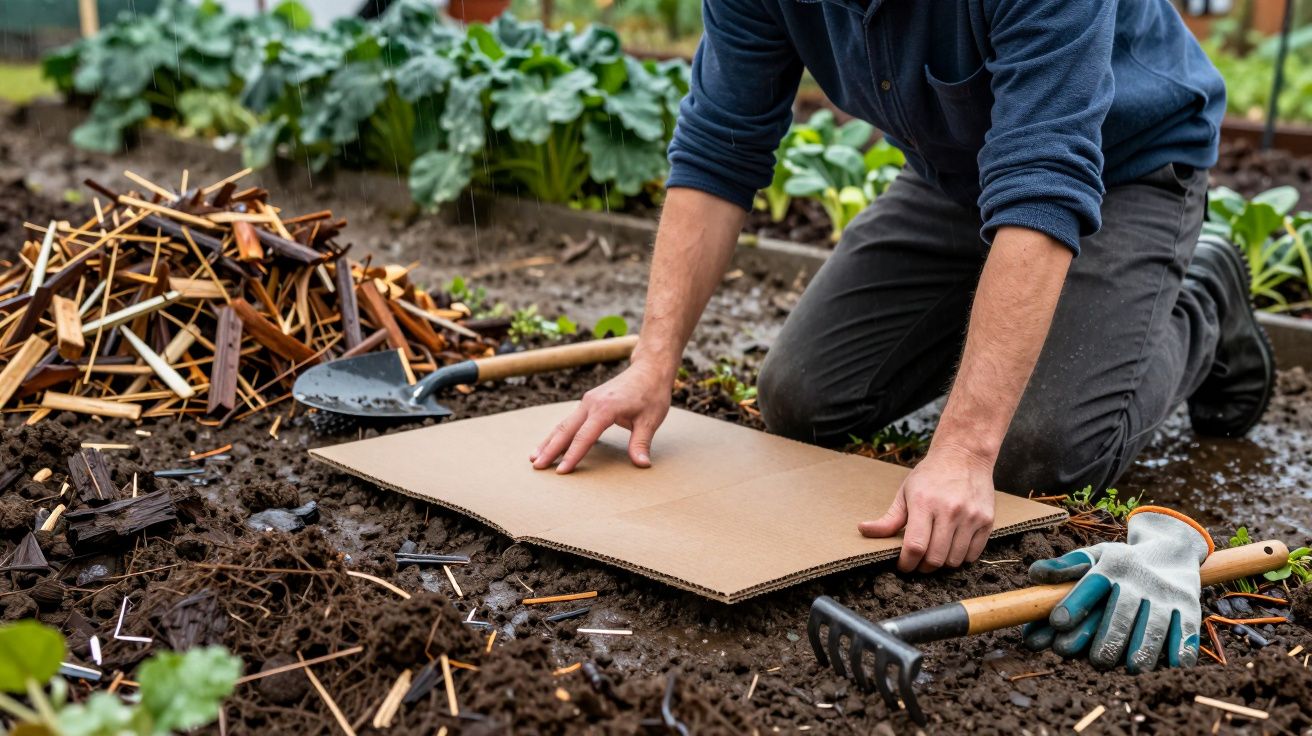 Person kneeling in garden, spreading cardboard on soil, surrounded by tools and plants.