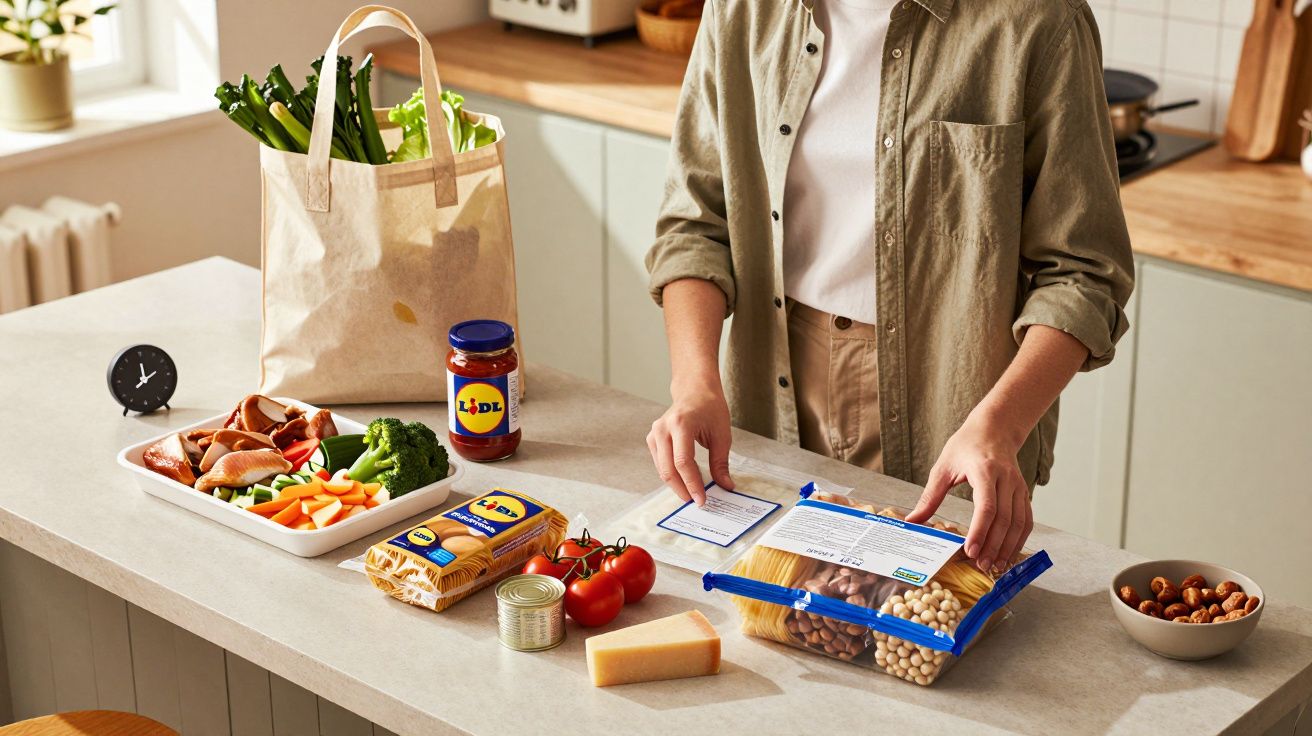 Person preparing ingredients with groceries on kitchen counter, including vegetables, pasta, and canned goods.