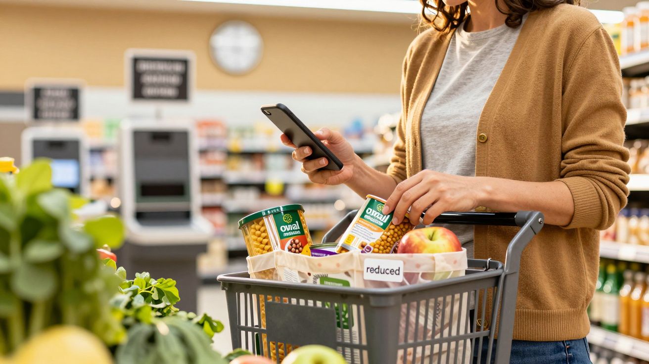 Woman using smartphone while shopping in supermarket, examining tinned goods and produce in trolley.