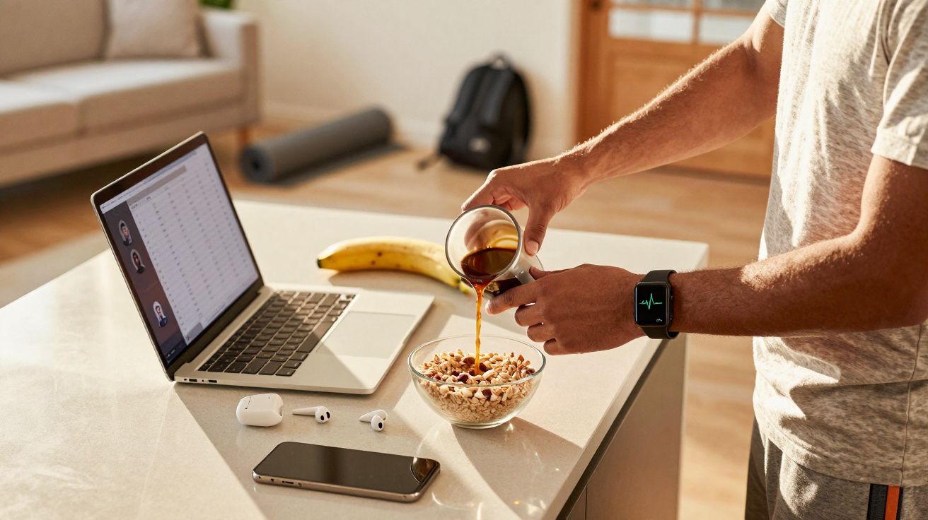 Person pouring syrup onto cereal by laptop, phone, and earphones in a modern kitchen.