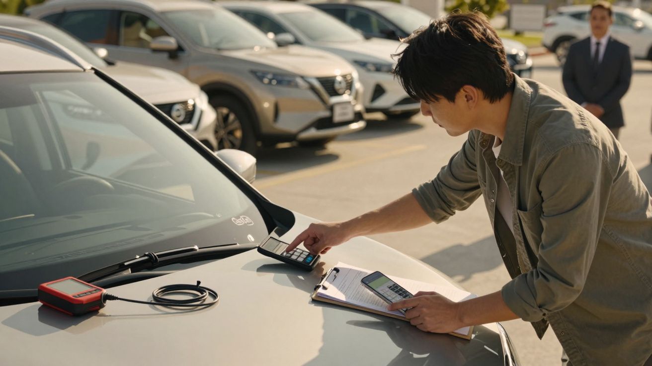 Man using a calculator on a car bonnet, with a clipboard and diagnostic tool. Cars parked in the background.