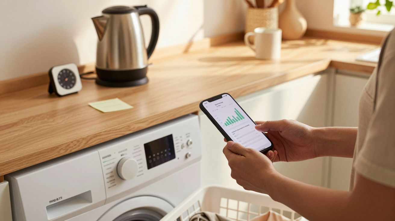 Person using smartphone app near washing machine and kettle in kitchen.