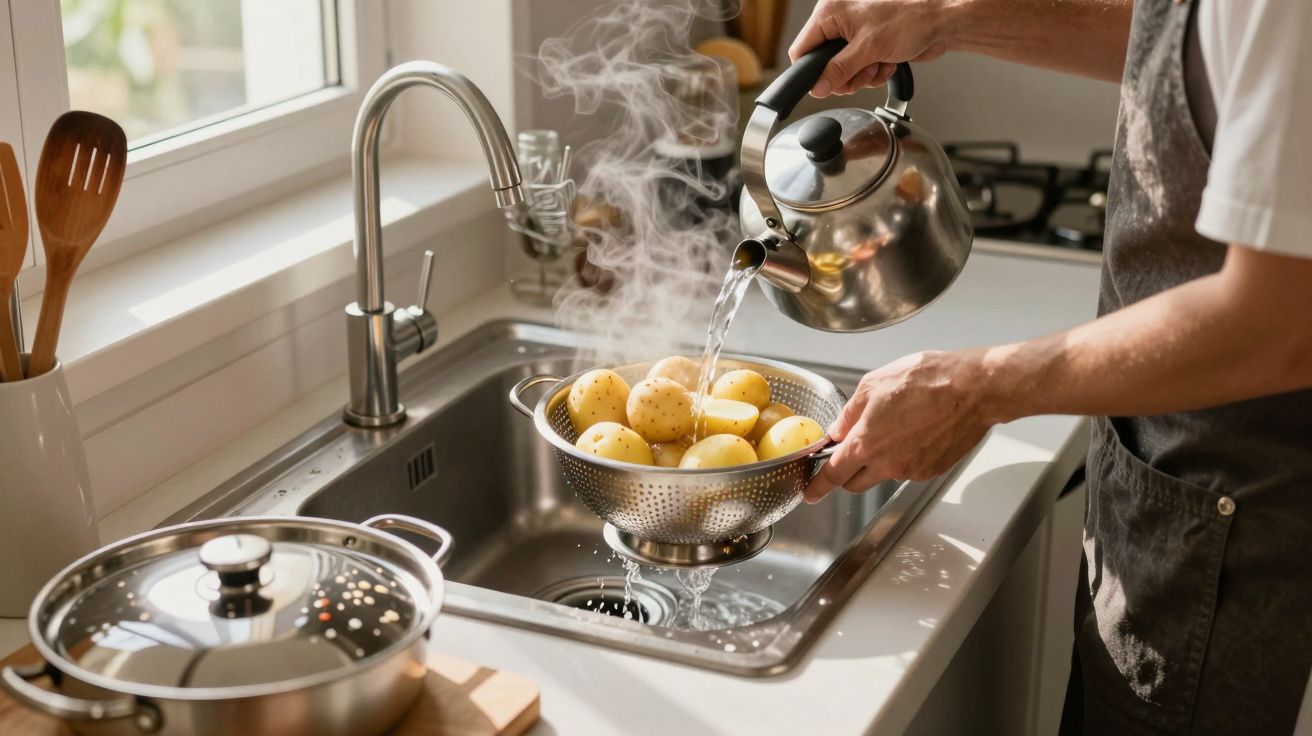 Person pouring hot water over potatoes in a colander in the kitchen sink.