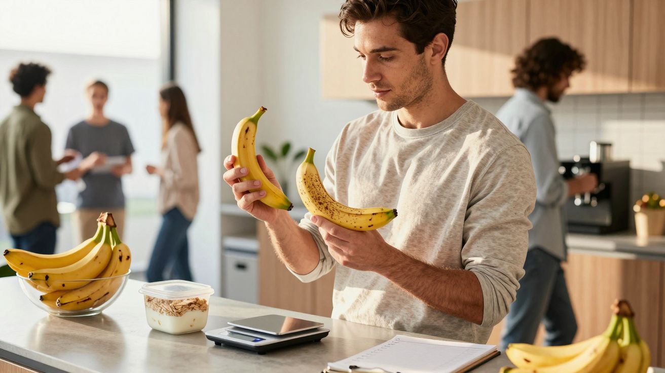 Man comparing bananas in a kitchen with a group talking in the background.