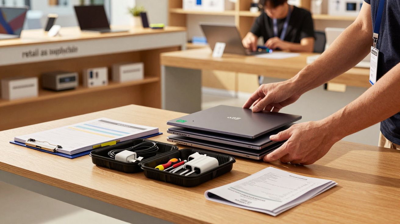 Person stacking laptops on a store counter with tools and documents nearby, while another person works in the background.
