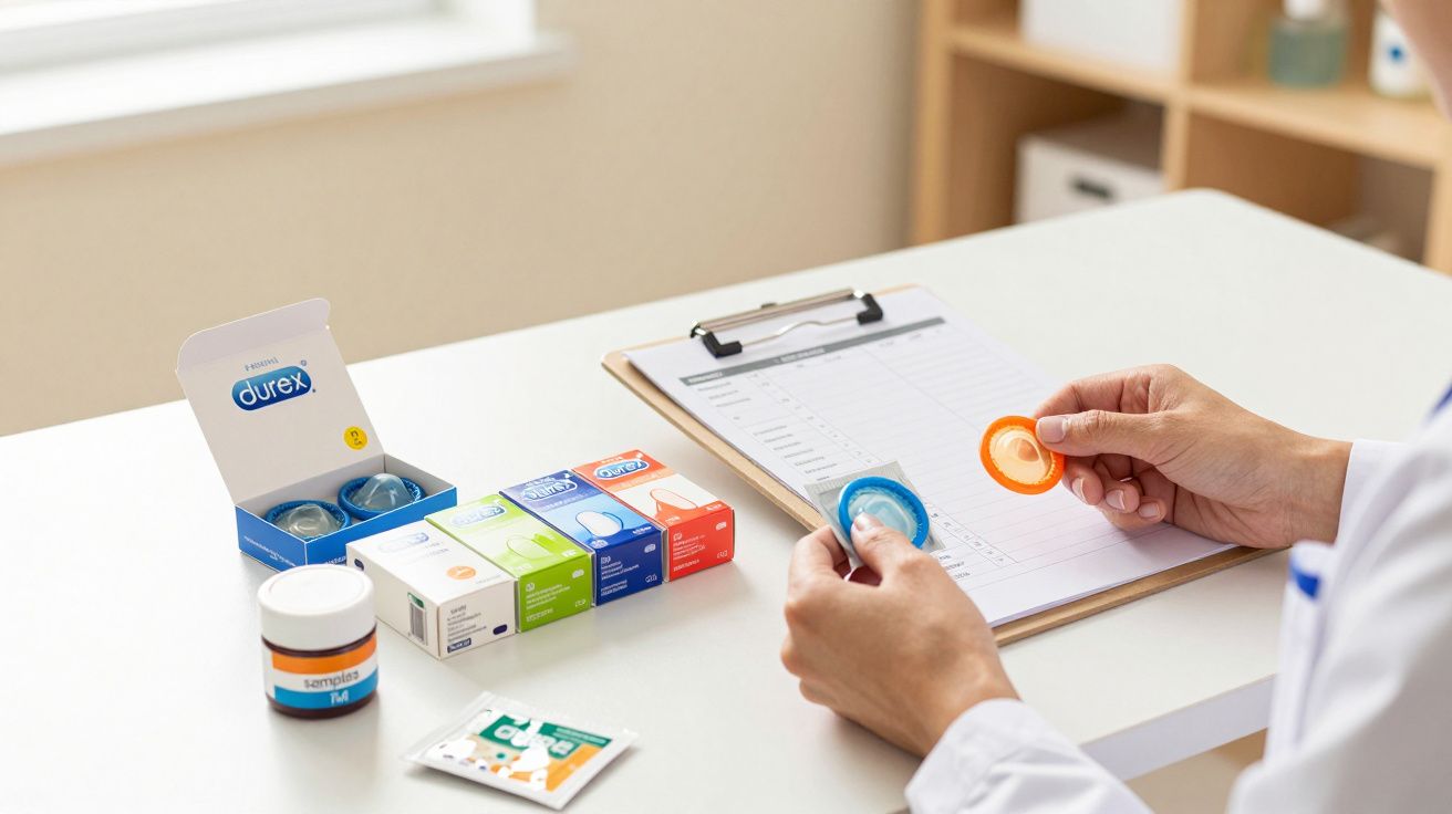 Person examining condoms and packaging on a desk with a clipboard.