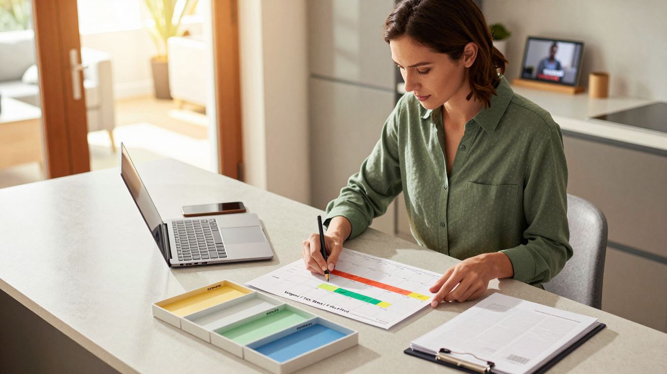 Woman in green shirt working at a desk, reviewing documents, with a laptop open in a modern, bright room.