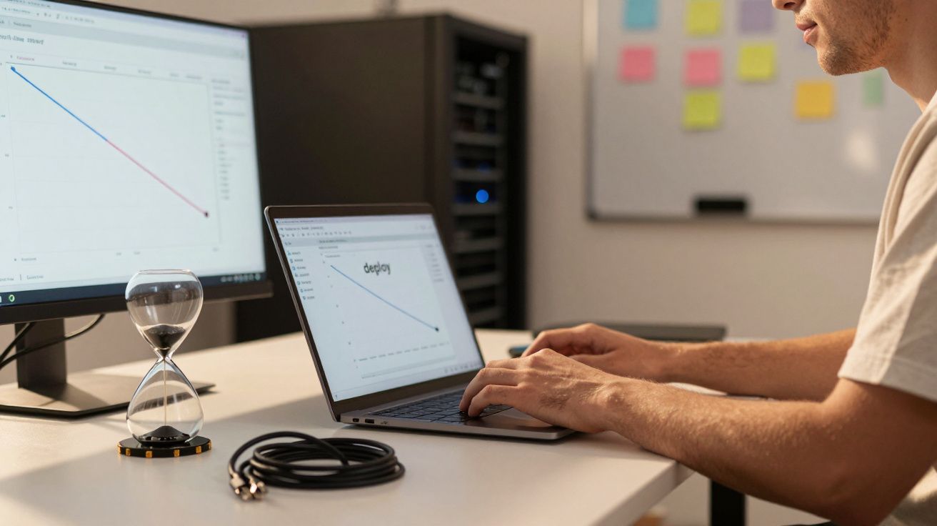 Man using a laptop with graphs on the screen, a monitor displaying similar data, and an hourglass on the desk.