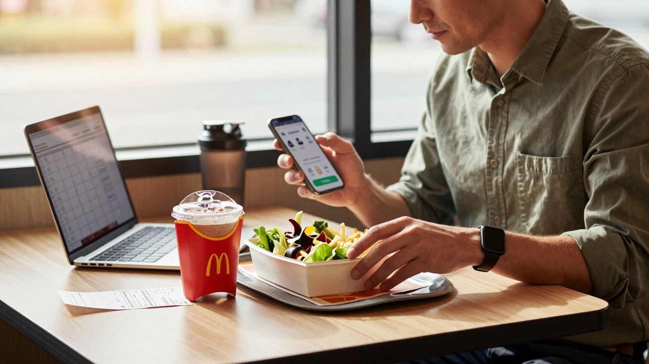 Man having salad with drink, working on laptop, and using smartphone at a fast-food restaurant table.