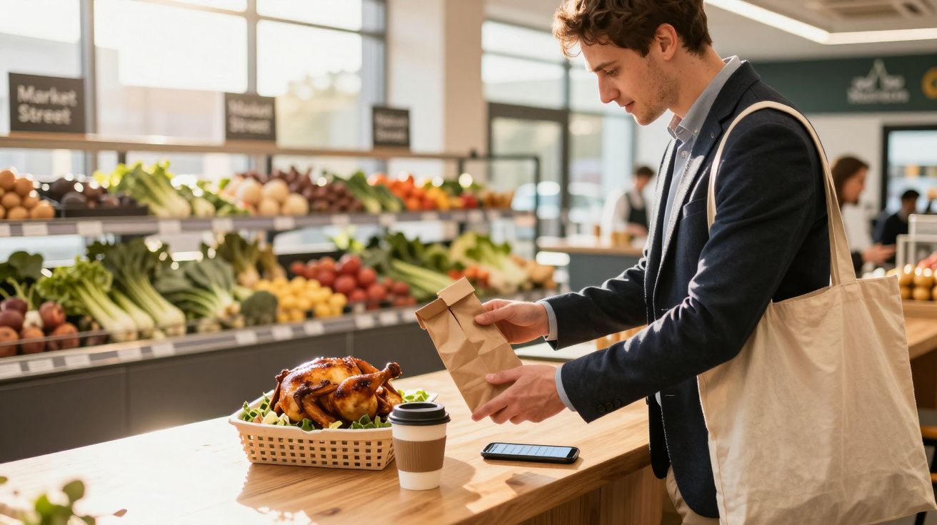 Man placing a paper bag near a roasted chicken and coffee cup in a market with fresh produce in the background.