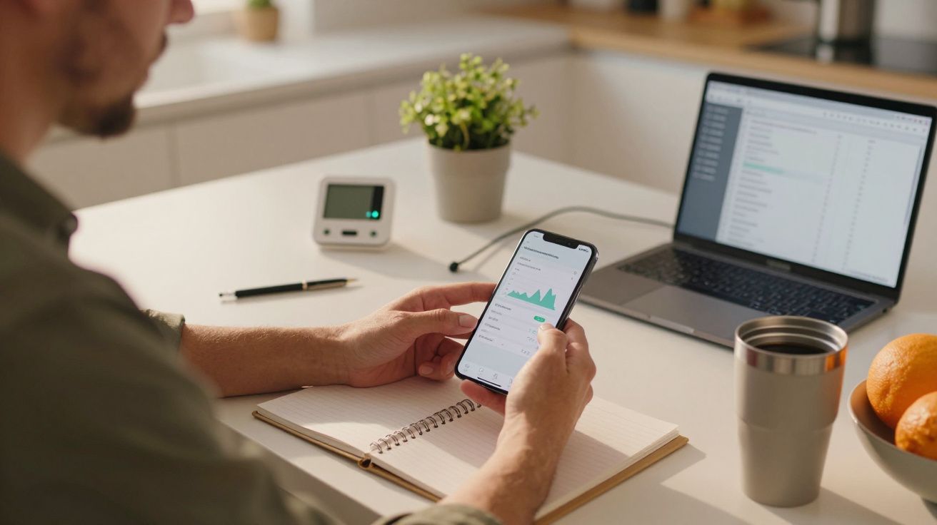Man checking smartphone with graphs at desk beside laptop, notebook, coffee mug, and oranges.