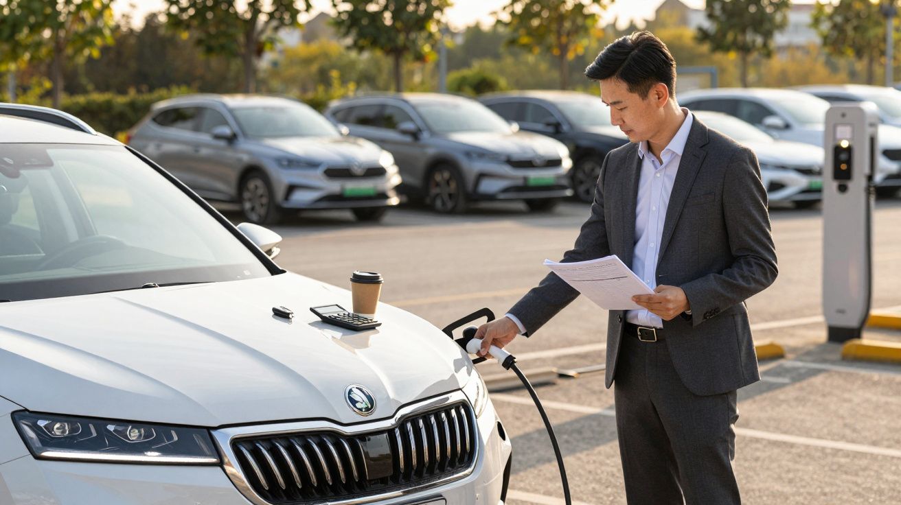 Man charging electric car at a station, holding documents, with a coffee cup and calculator on the bonnet.