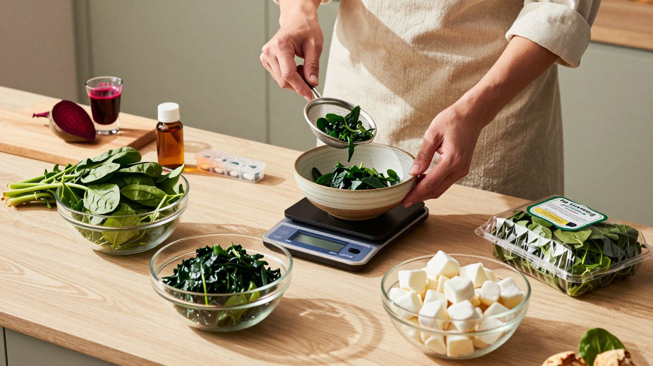 Person weighing spinach on kitchen scale with bowls of spinach and cheese cubes on wooden counter.