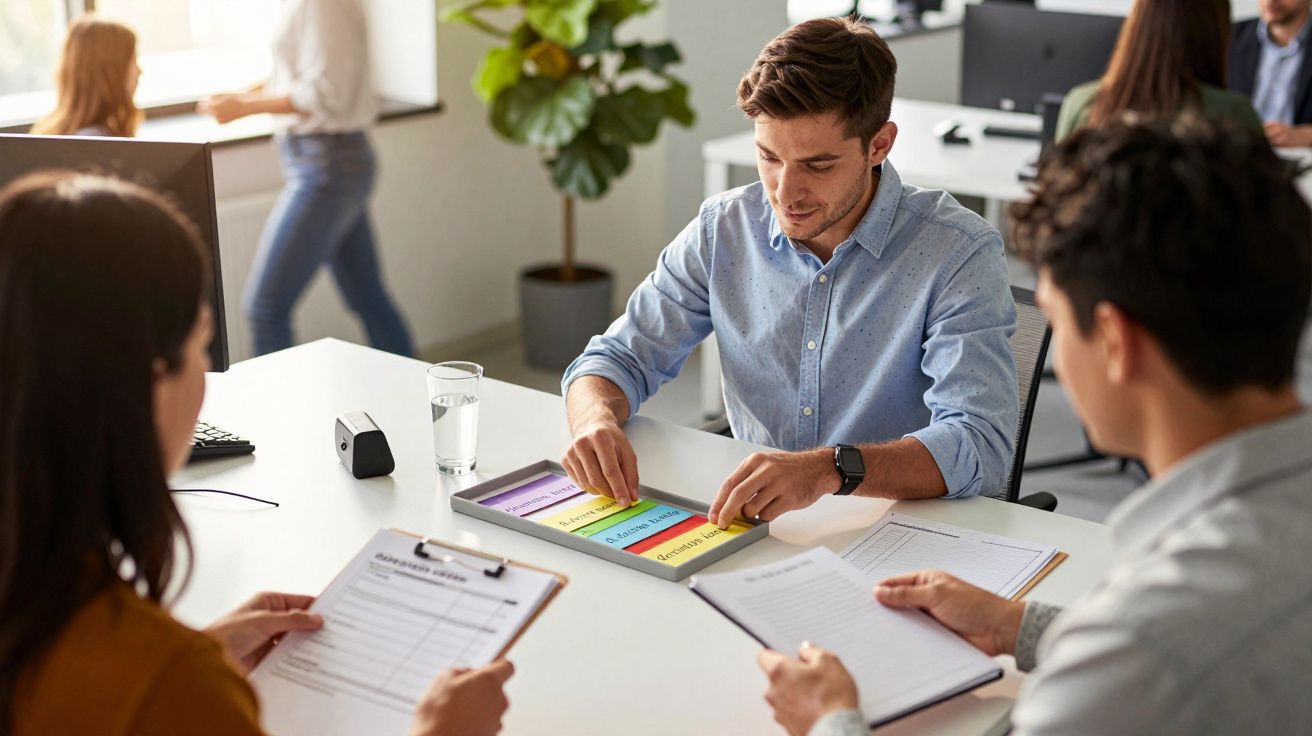 Three people in an office having a meeting around a table, with documents and a plant in the background.