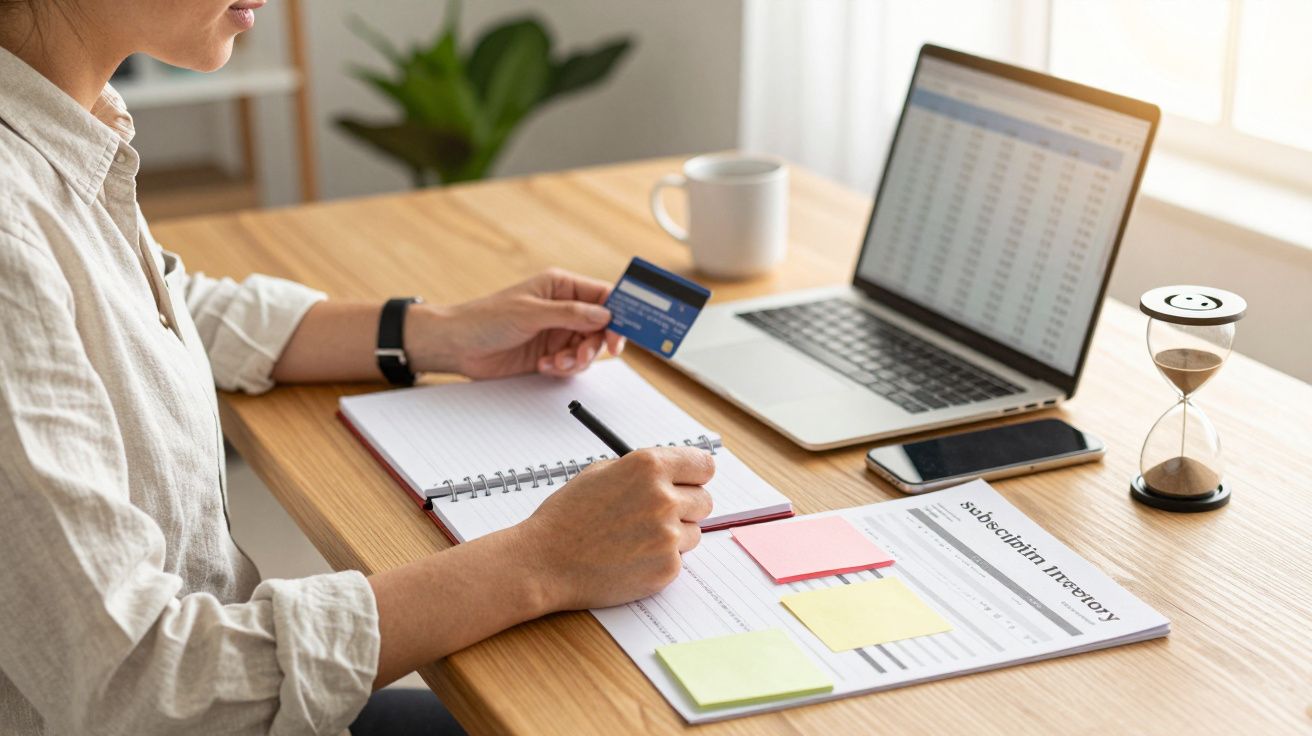 Person at desk with laptop, notebook, holding a credit card, and hourglass nearby, suggesting online payment or budgeting.