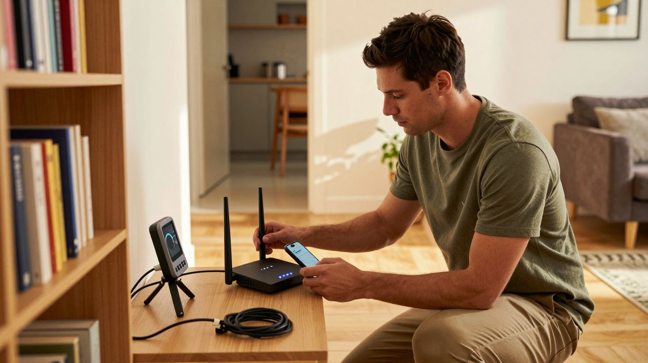 A man sets up a Wi-Fi router on a wooden table, using his phone for configuration in a modern living room.