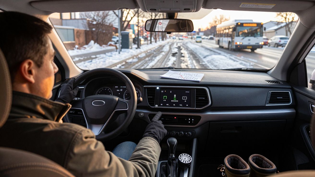 Driver in a car navigating snowy urban road, hands on steering wheel, with a bus ahead and buildings in the background.