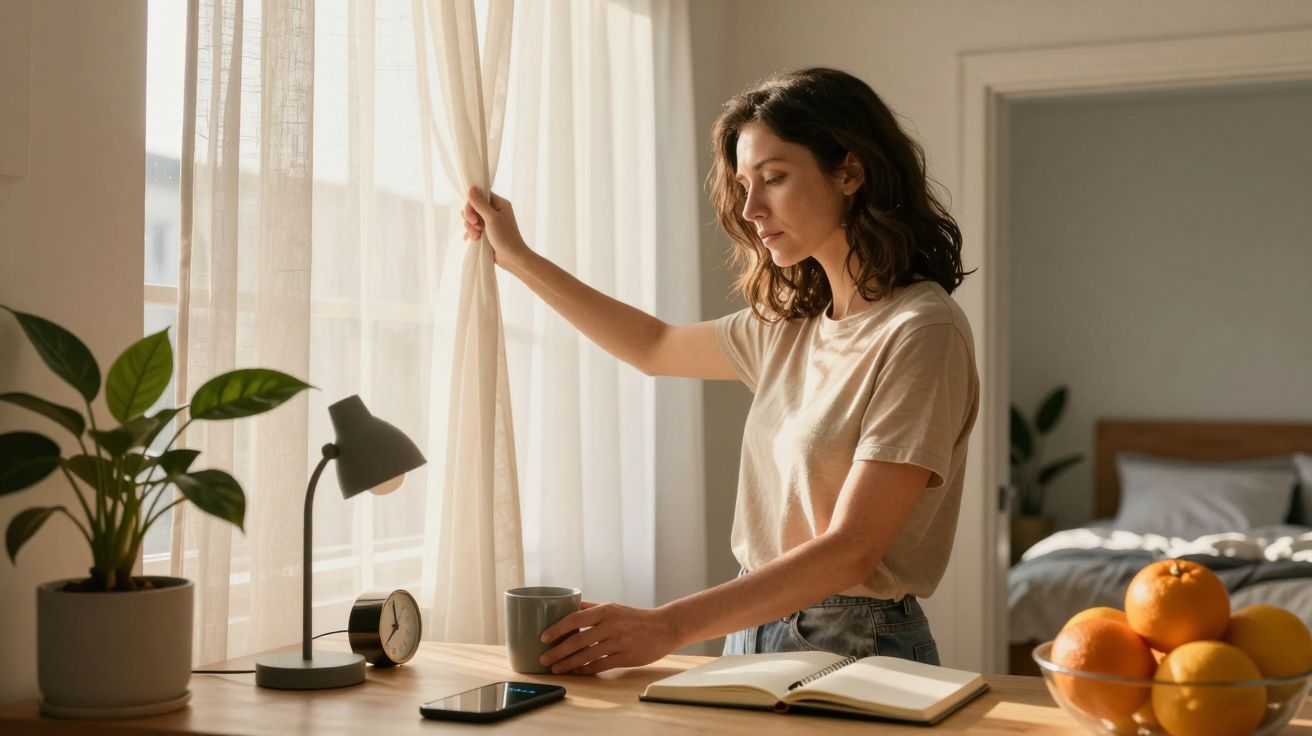 Woman in cosy room holding mug, looking out window, with a notebook, phone, and fruit bowl on table.