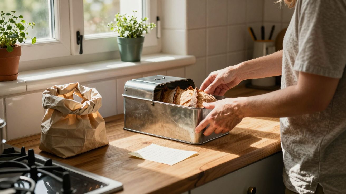 Person taking bread from a metal breadbox on a wooden kitchen counter near a window with potted plants.