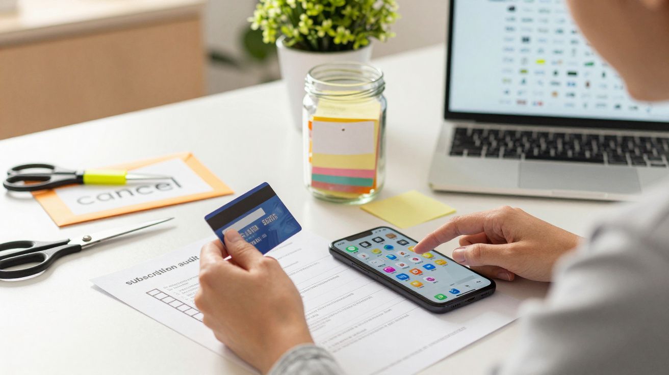Person cancelling subscription on phone while holding a credit card, surrounded by papers and office supplies on a desk.