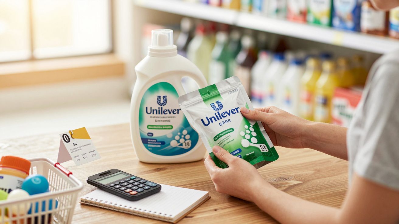 Person holding Unilever refill pouch, with bottle, calculator, and notepad on table in store aisle.
