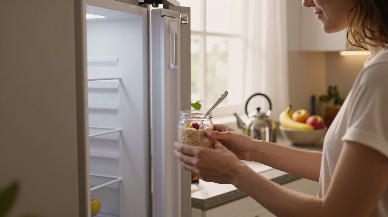 Woman holding a jar of overnight oats near an open fridge in a kitchen filled with fruit and soft lighting.