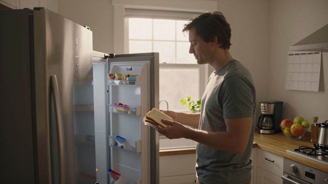 Man holding sandwich, standing by an open fridge in a bright kitchen with a window, calendar, and fruit bowl visible.