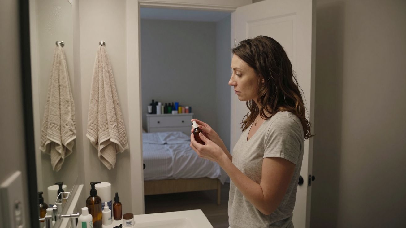 Woman in grey T-shirt holding a small bottle, standing in a bathroom beside a sink, with a bedroom in the background.