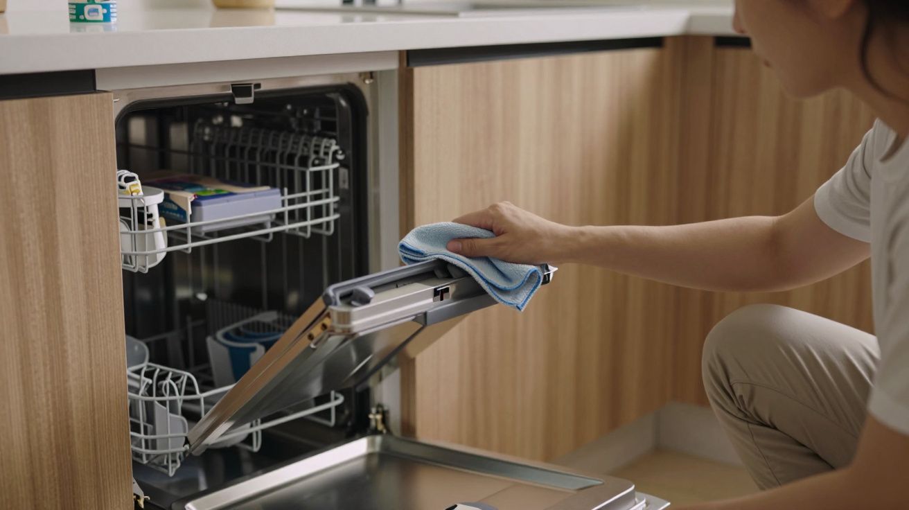 Person cleaning an open dishwasher with a cloth in a modern kitchen.