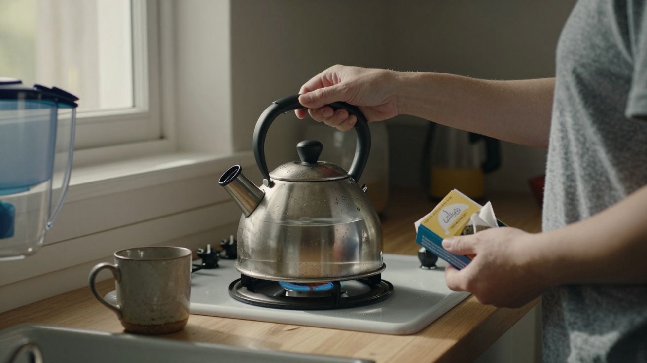 Person holding a teapot on a lit stove hob, with a mug nearby, preparing a hot drink in a kitchen setting.