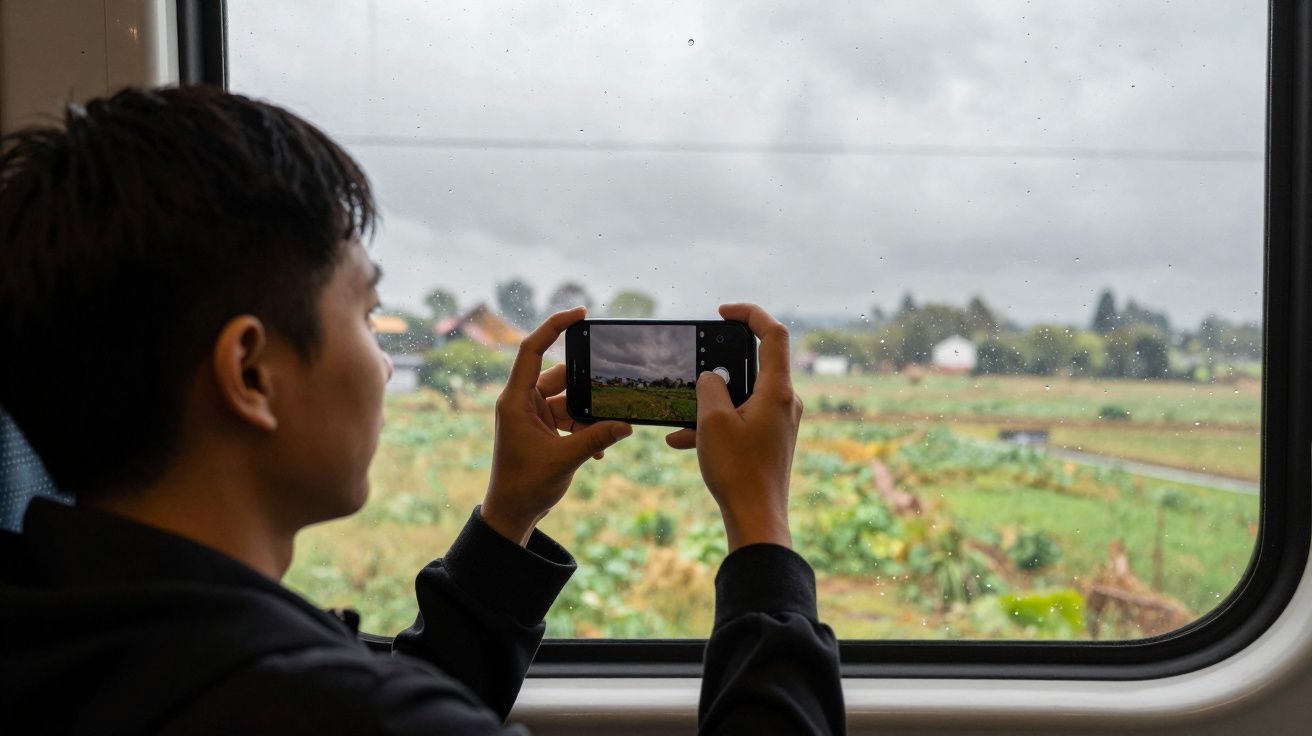 Person taking a photo of a rainy countryside landscape through a train window.