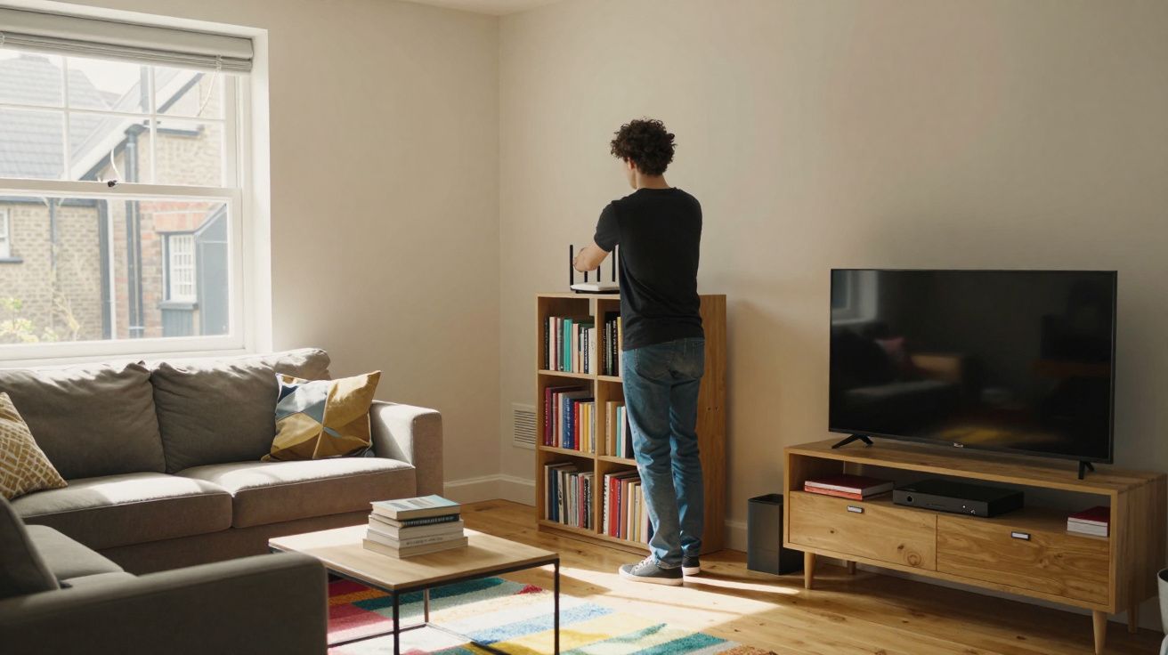 Man arranging books on a shelf in a cosy living room with a sofa, TV, and colourful rug.