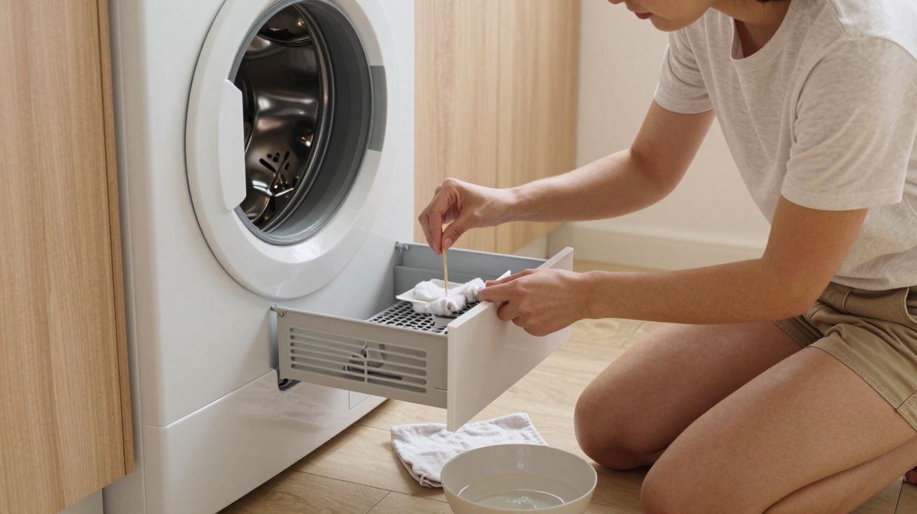 Person cleaning a washing machine filter with a cloth, bowl on the floor nearby.